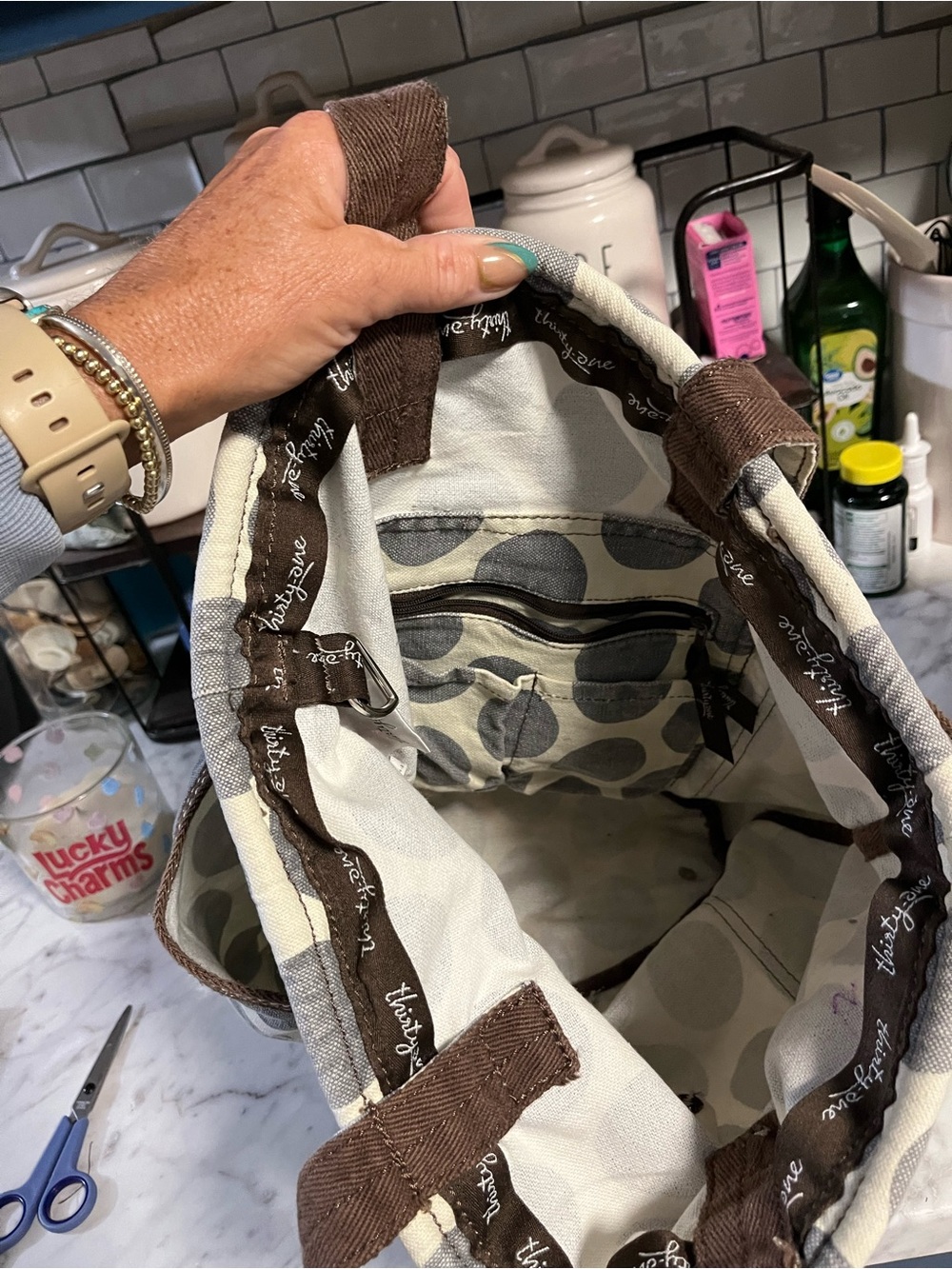 Thirty One Canvas Polka Dot Tote Bag with Embroidered initial C - Gray & Cream - Picture 6 of 6